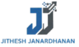 Minimalist logo featuring stylized blue and gray initials “JJ” with an upward arrow and digital pixel elements, with the name “Jithesh Janardhanan” written below in blue on a light background.